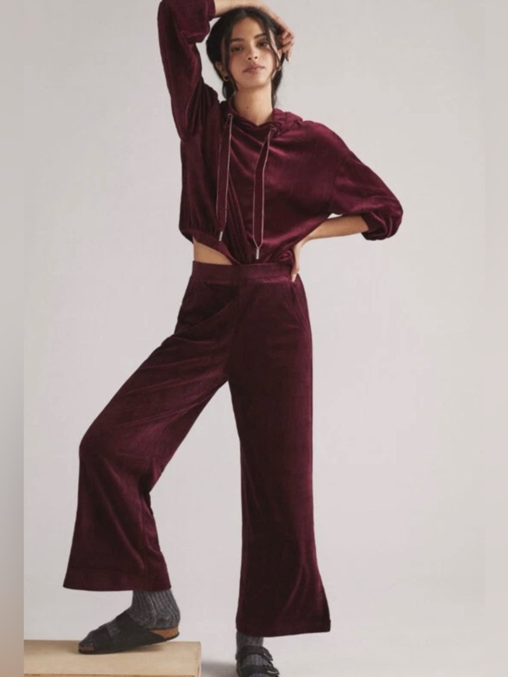 Anthropologie Daily Practice Maroon Velour Velvet Hoodie XXS Loungewear Y2K